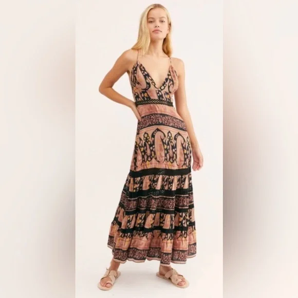 FREE PEOPLE Elektra Maxi Dress Tie Back Halter Tiered Sahara Combo Large L.